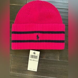 Polo by Ralph Lauren Fuchsia Beanie with Navy Stripes